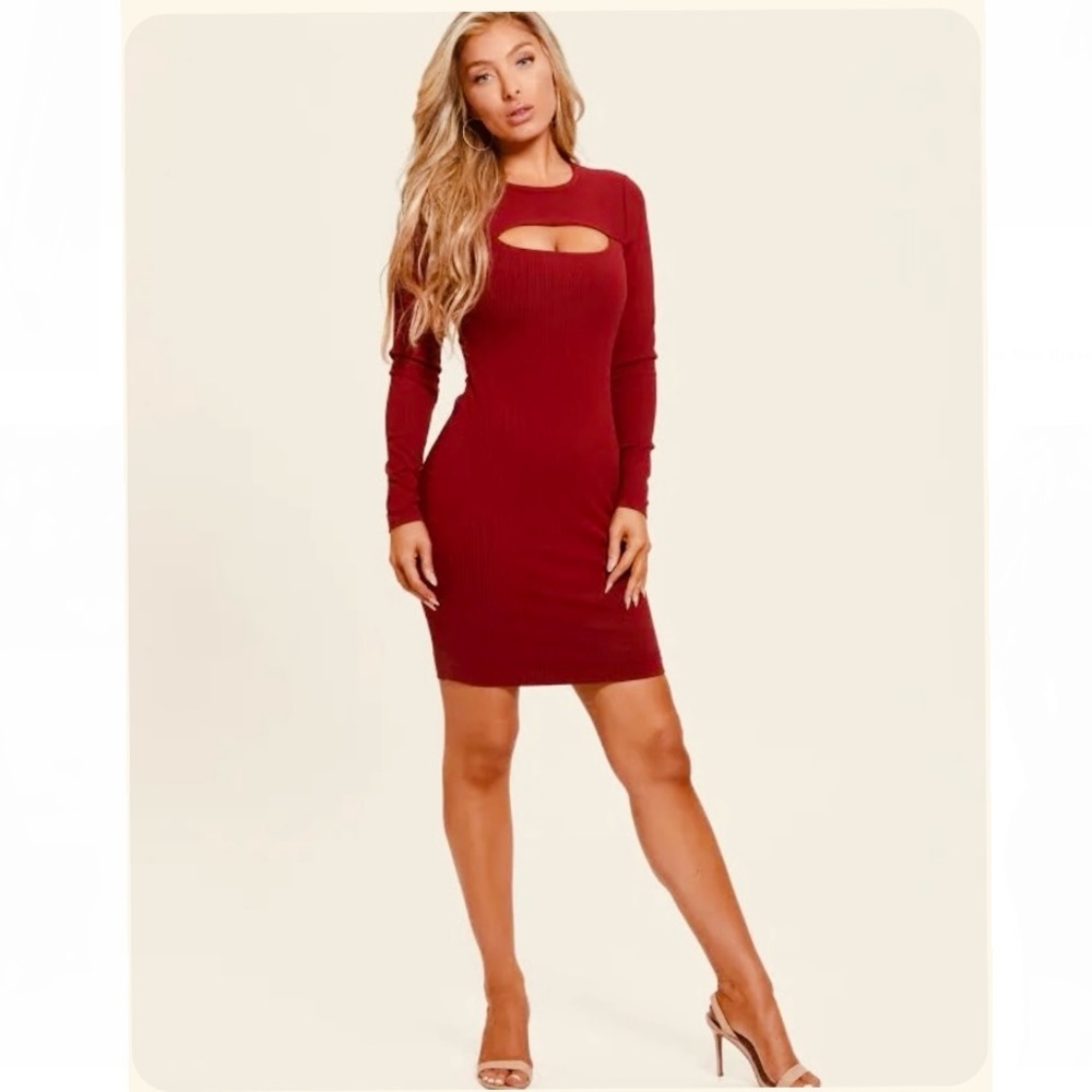 Spice colored Stretch Knit Bodycon Cutout Dress - Picture 5 of 6